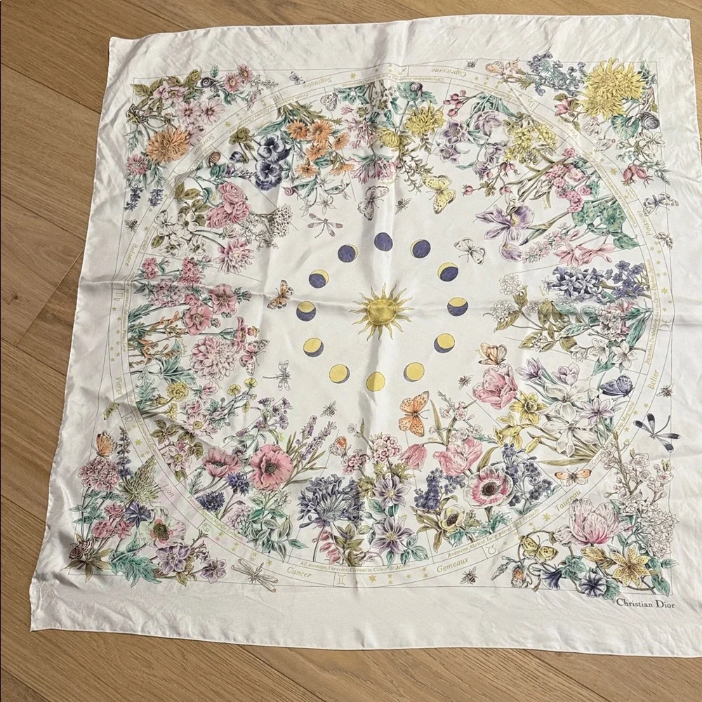 Dior White Silk Scarf with Floral and Sun Design